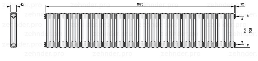 Схема (чертеж) Радиатор Zehnder Charleston 2050/43 №7610 Белый глянцевый RAL 9016